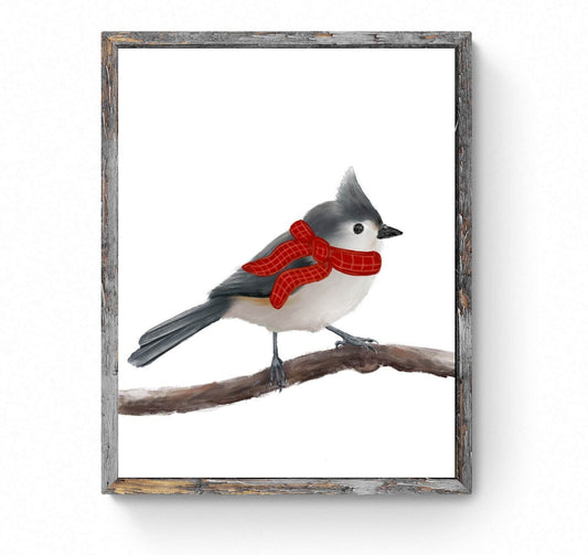 Christmas Chickadee Bird Print, Christmas Bird Art, Gray Bird Gift, New Years Bird Art, Winter Home Decor, Christmas Animals, Bird Portrait - MerikaArt