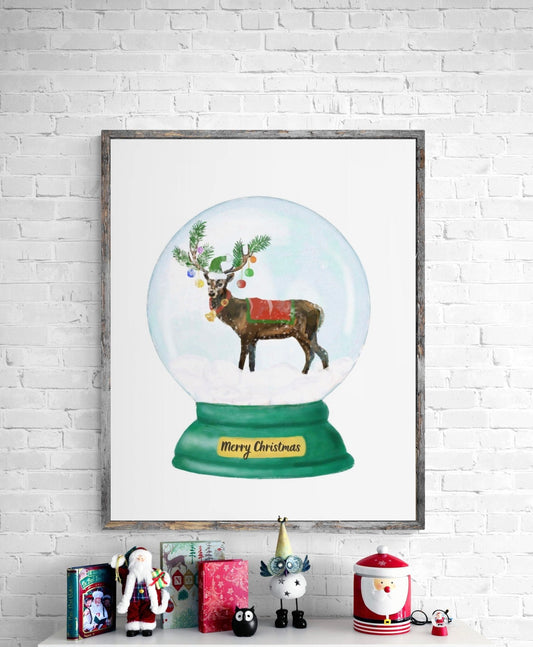 Christmas Deer Snow Globe Print, Winter Christmas Art, Deer Gift, New Years Art, Winter Home Decor, Xmas Snow Globe, Unique Wall Art - MerikaArt