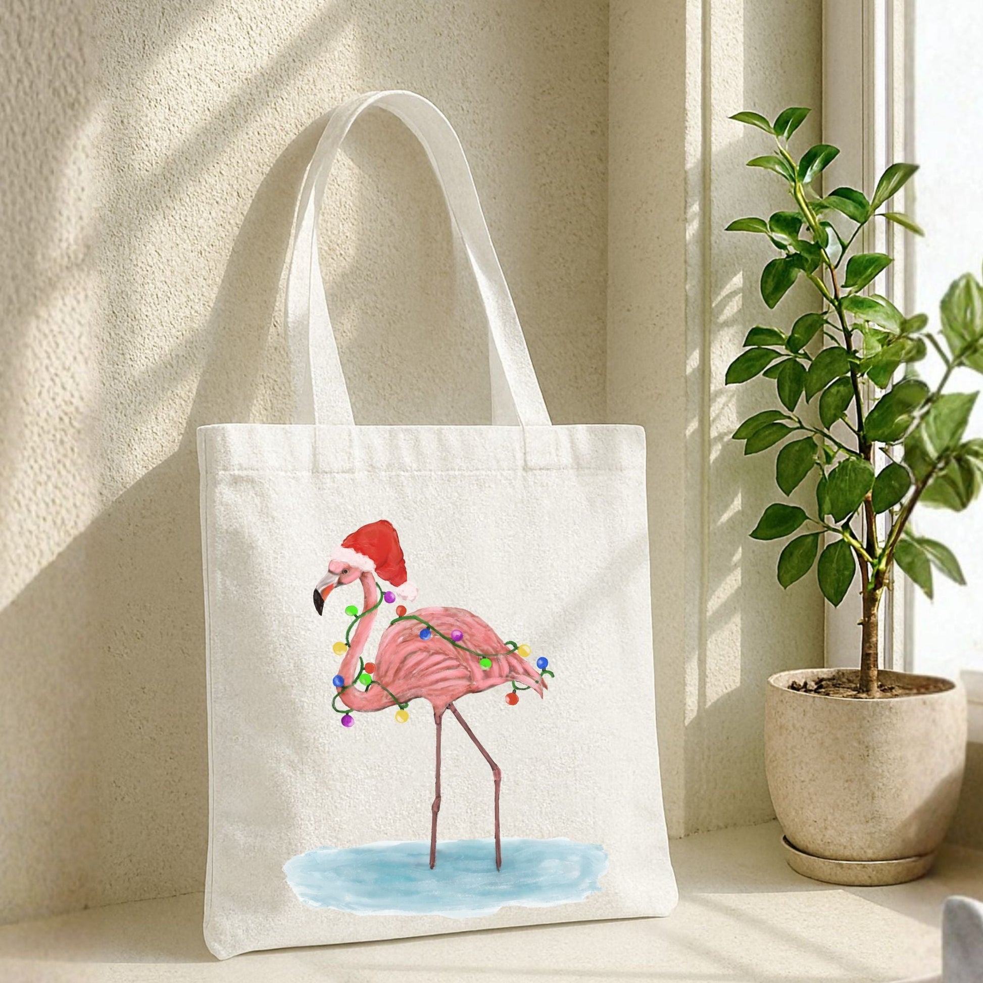 Christmas Flamingo Canvas Tote Bag - MerikaArt