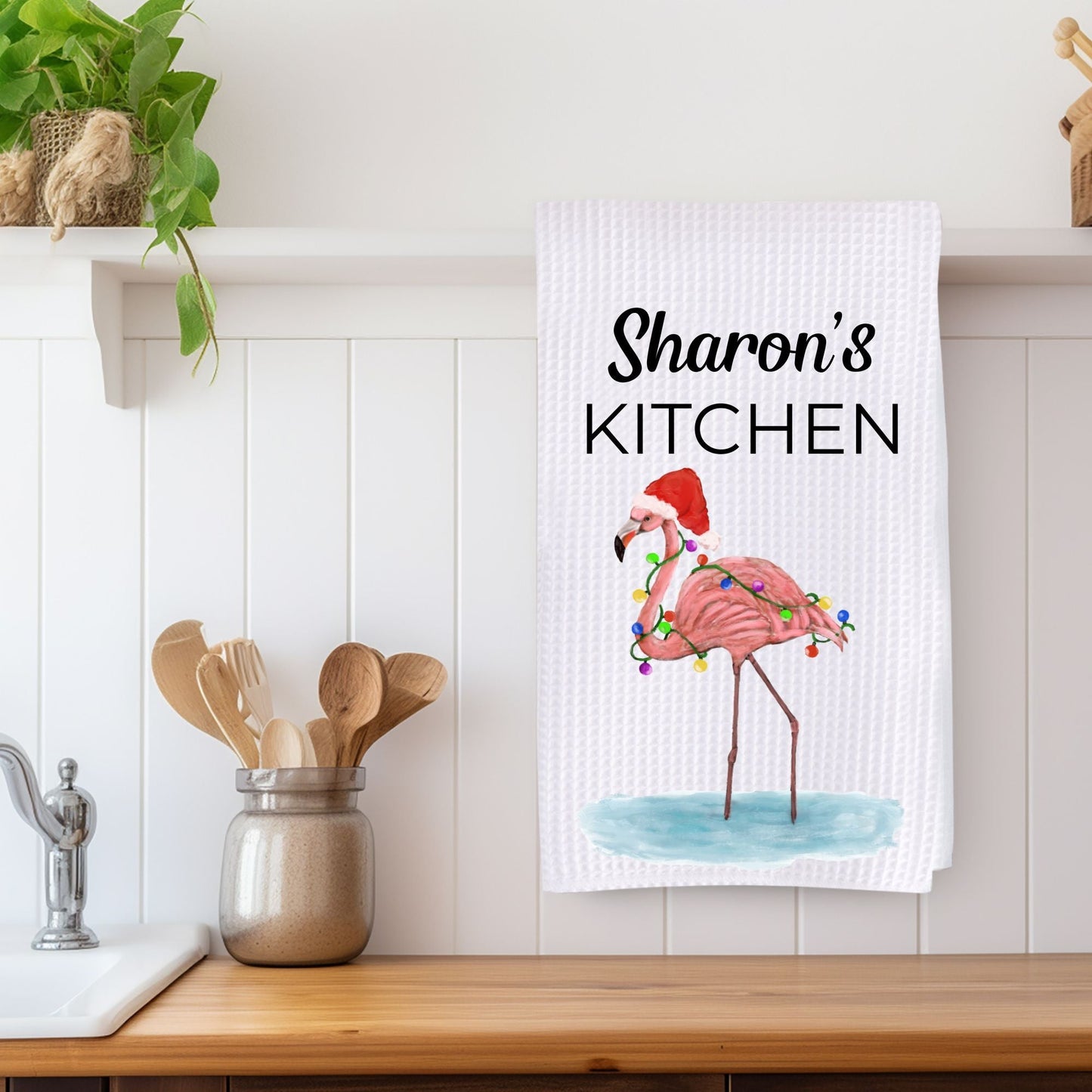 Christmas Flamingo Kitchen Towel - MerikaArt