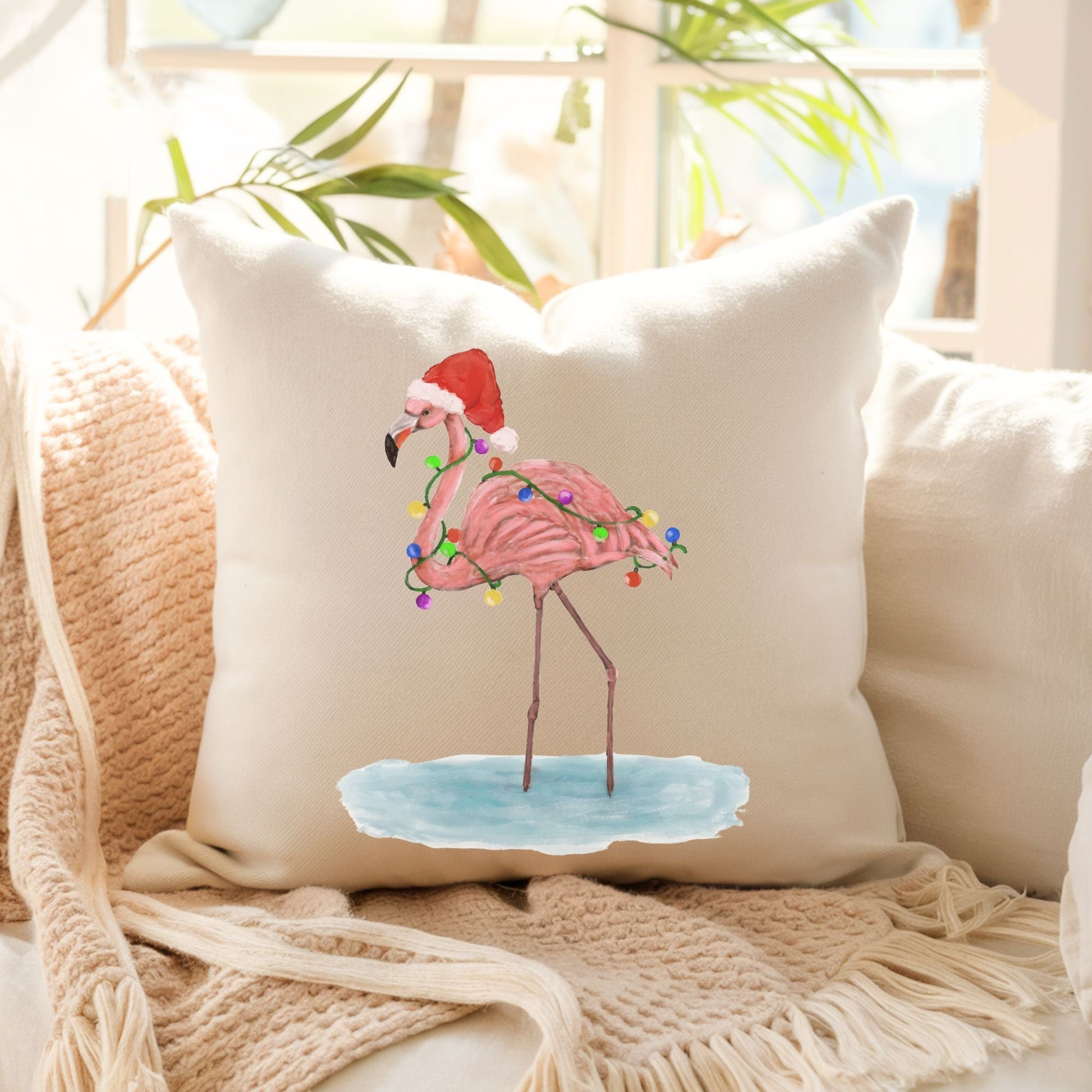 Christmas Flamingo Pillow - MerikaArt