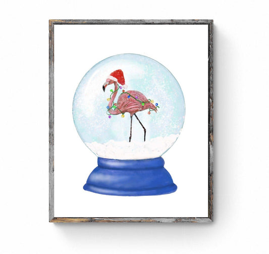 Christmas Flamingo Snow Globe Print, Winter Christmas Art, Flamingo Gift, New Years Art, Winter Home Decor, Xmas Snow Globe, Unique Wall Art - MerikaArt