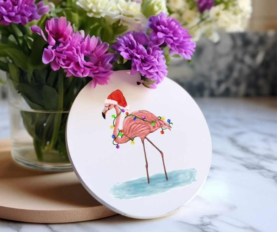 Christmas Flamingo with Santa Hat Ceramic Coaster - MerikaArt