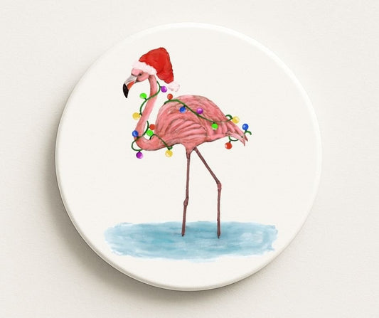 Christmas Flamingo with Santa Hat Ceramic Coaster - MerikaArt