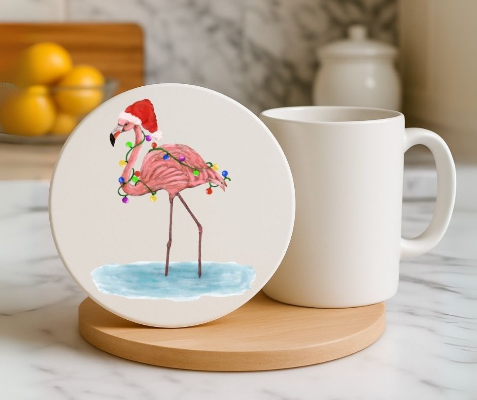Christmas Flamingo with Santa Hat Ceramic Coaster - MerikaArt