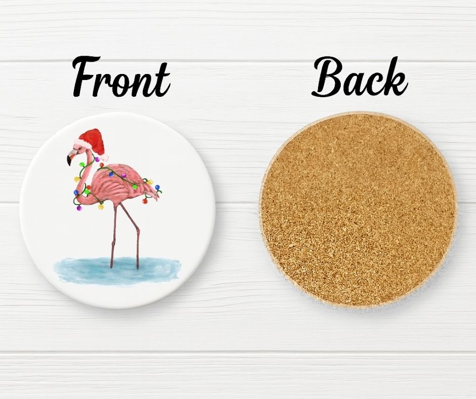 Christmas Flamingo with Santa Hat Ceramic Coaster - MerikaArt