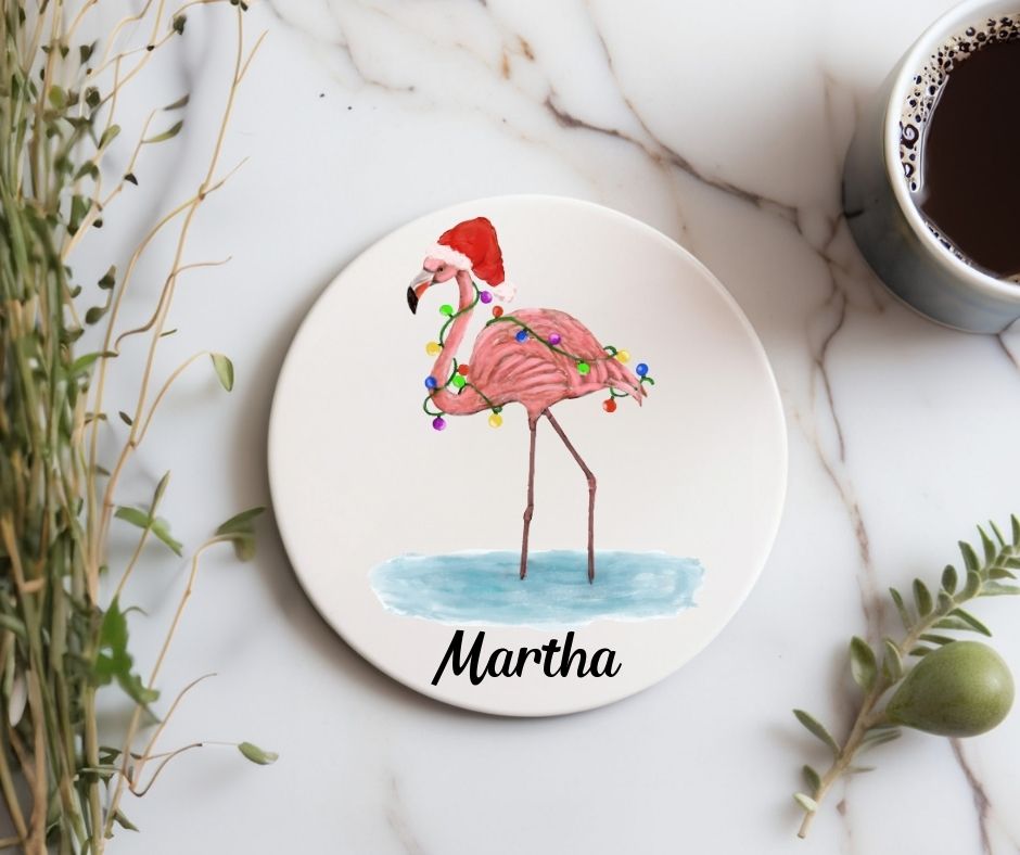 Christmas Flamingo with Santa Hat Ceramic Coaster - MerikaArt