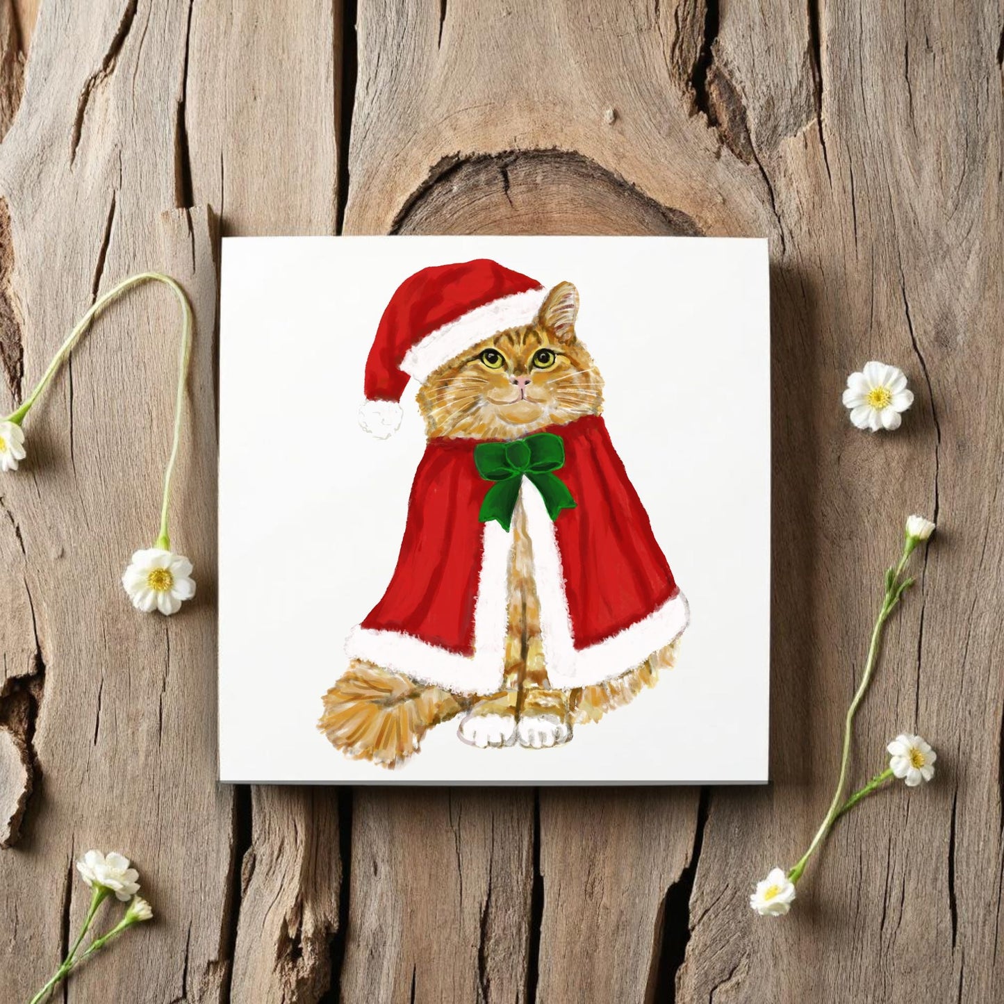 Christmas Ginger Cat Ceramic Tile - MerikaArt