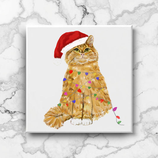 Christmas Ginger Cat Ceramic Tile - MerikaArt