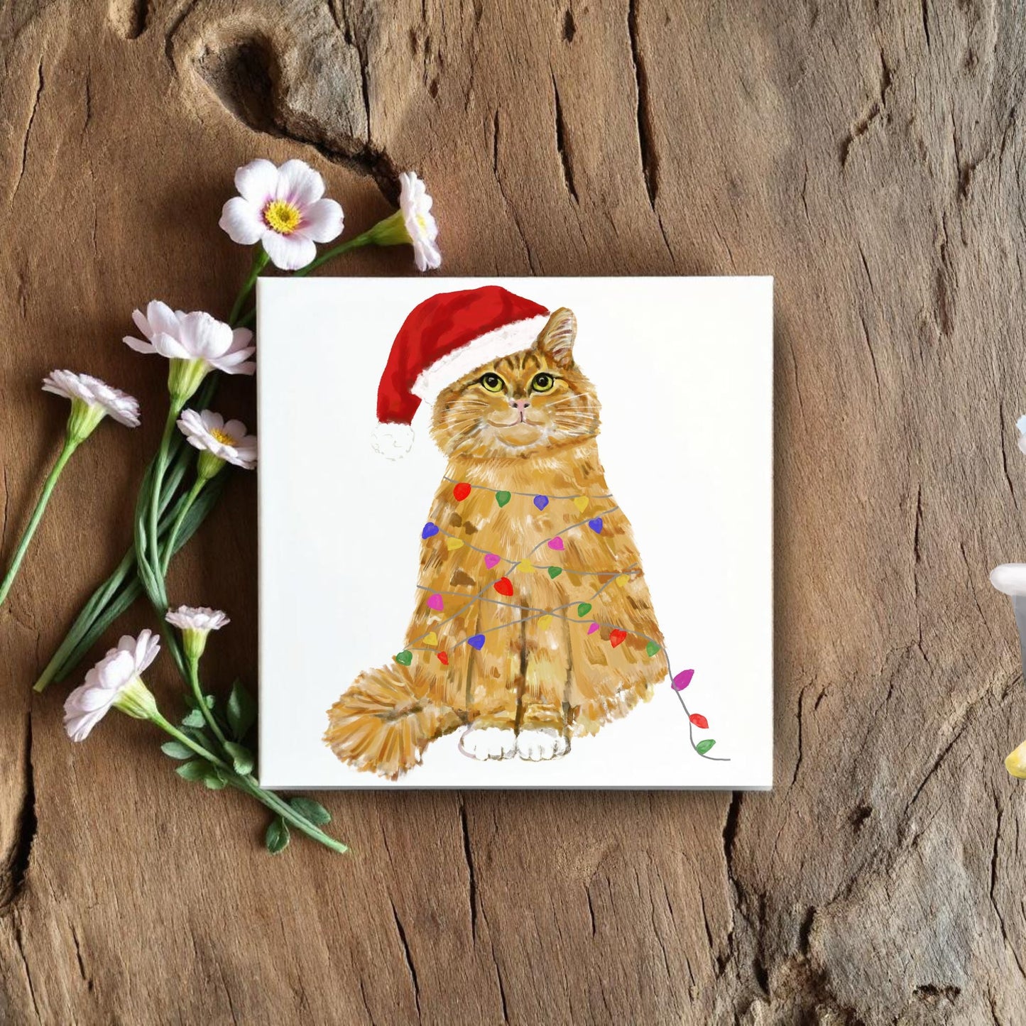 Christmas Ginger Cat Ceramic Tile - MerikaArt