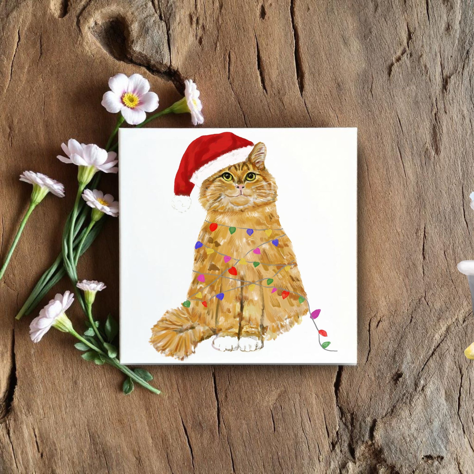 Christmas Ginger Cat Ceramic Tile - MerikaArt