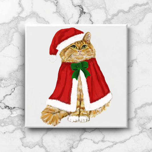 Christmas Ginger Cat Ceramic Tile - MerikaArt