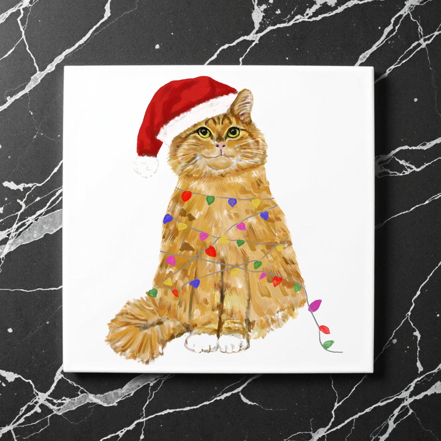 Christmas Ginger Cat Ceramic Tile - MerikaArt