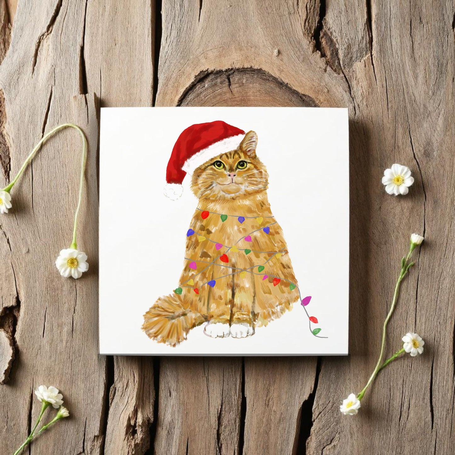 Christmas Ginger Cat Ceramic Tile - MerikaArt
