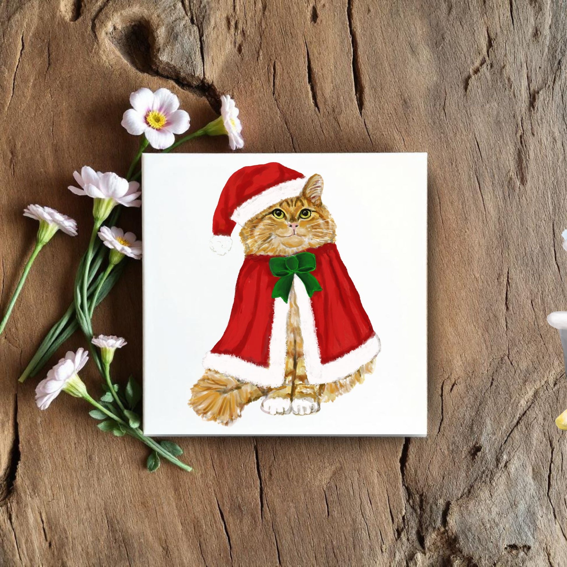 Christmas Ginger Cat Ceramic Tile - MerikaArt