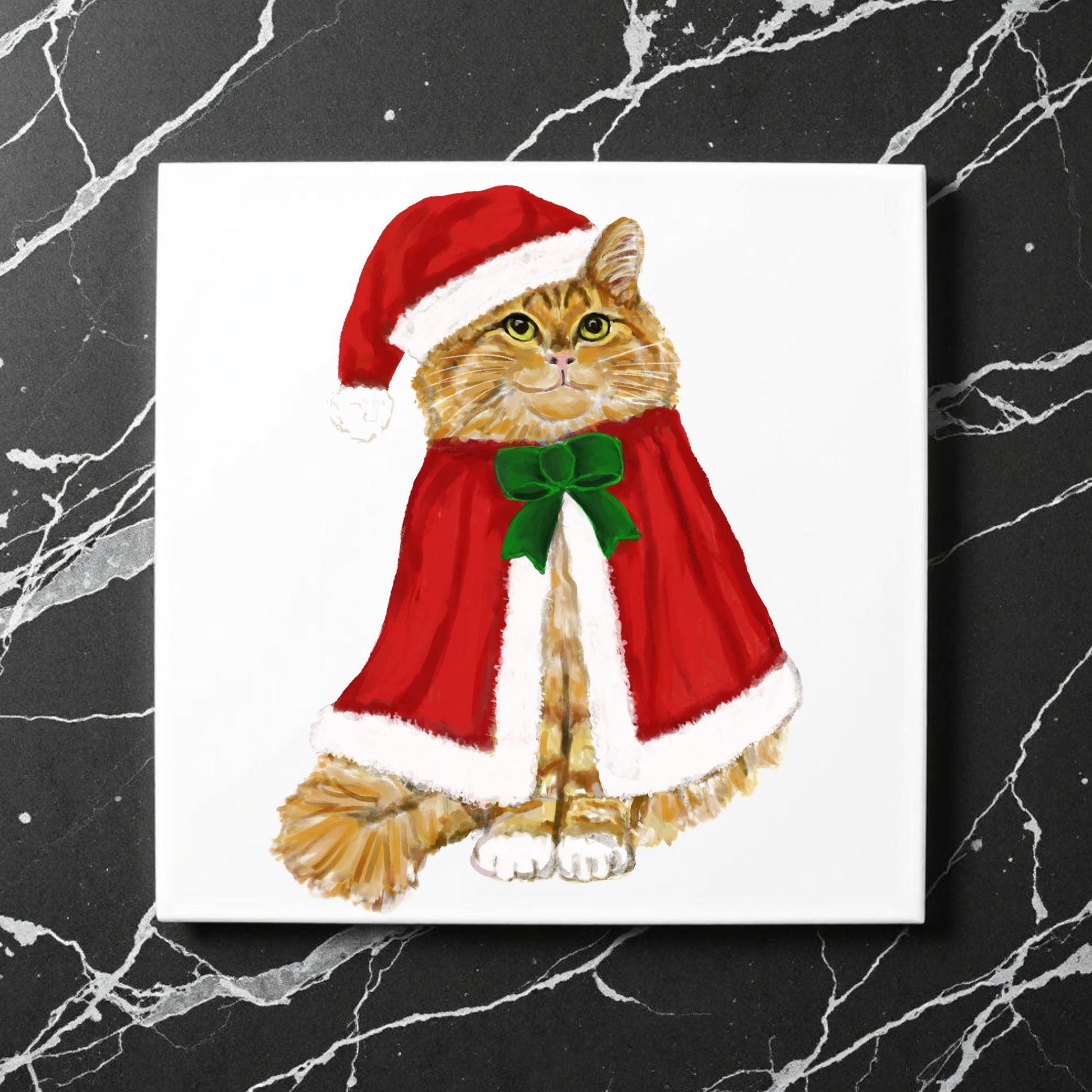 Christmas Ginger Cat Ceramic Tile - MerikaArt