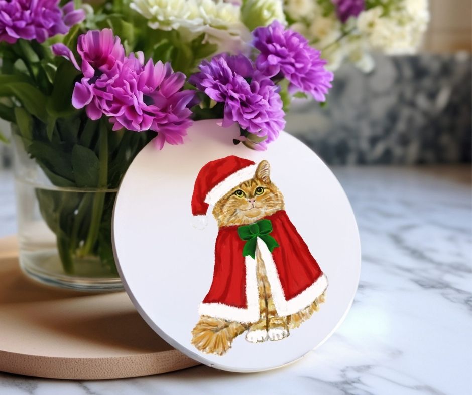 Christmas Ginger Cat in Santa Hat Ceramic Coaster - MerikaArt