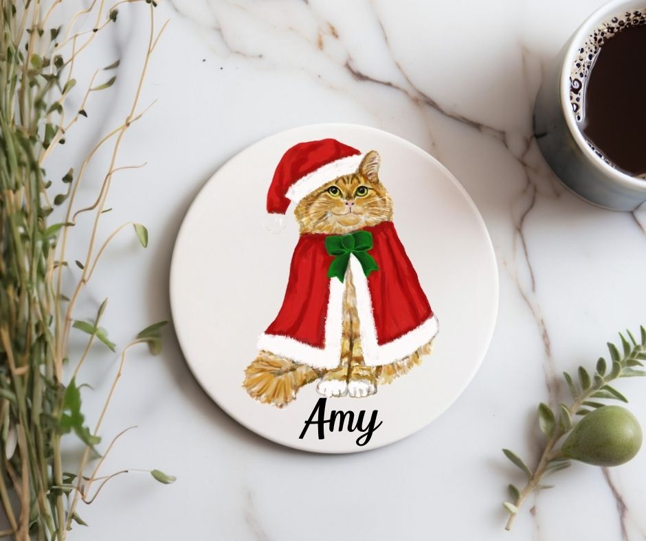 Christmas Ginger Cat in Santa Hat Ceramic Coaster - MerikaArt