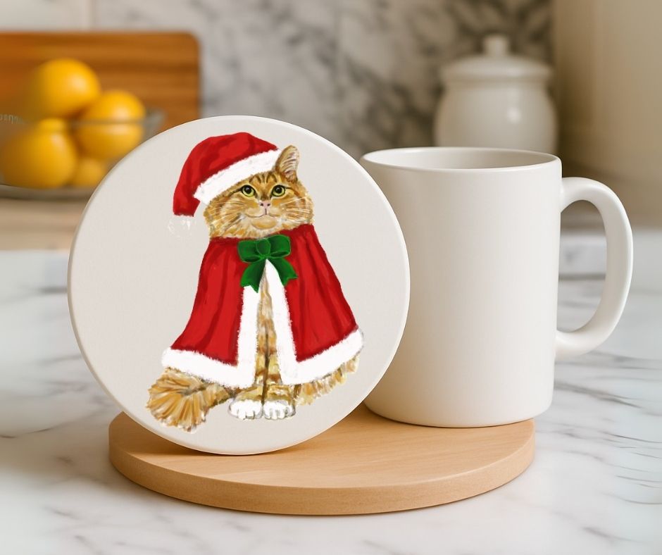 Christmas Ginger Cat in Santa Hat Ceramic Coaster - MerikaArt