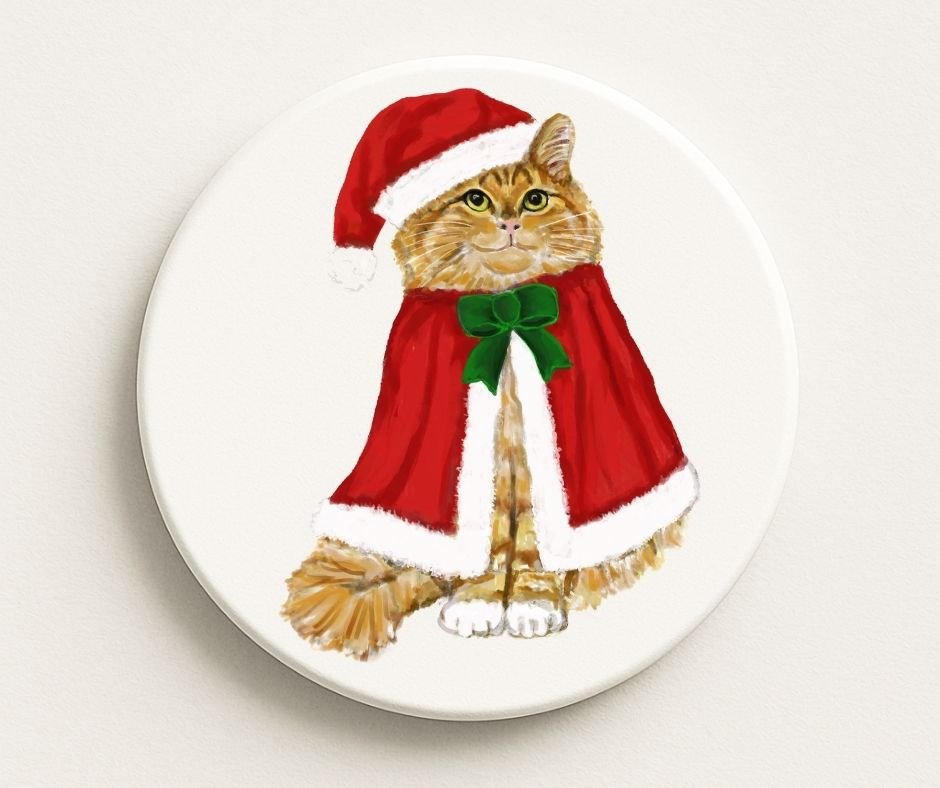 Christmas Ginger Cat in Santa Hat Ceramic Coaster - MerikaArt