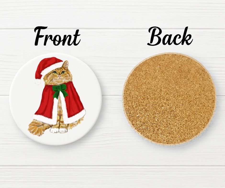 Christmas Ginger Cat in Santa Hat Ceramic Coaster - MerikaArt