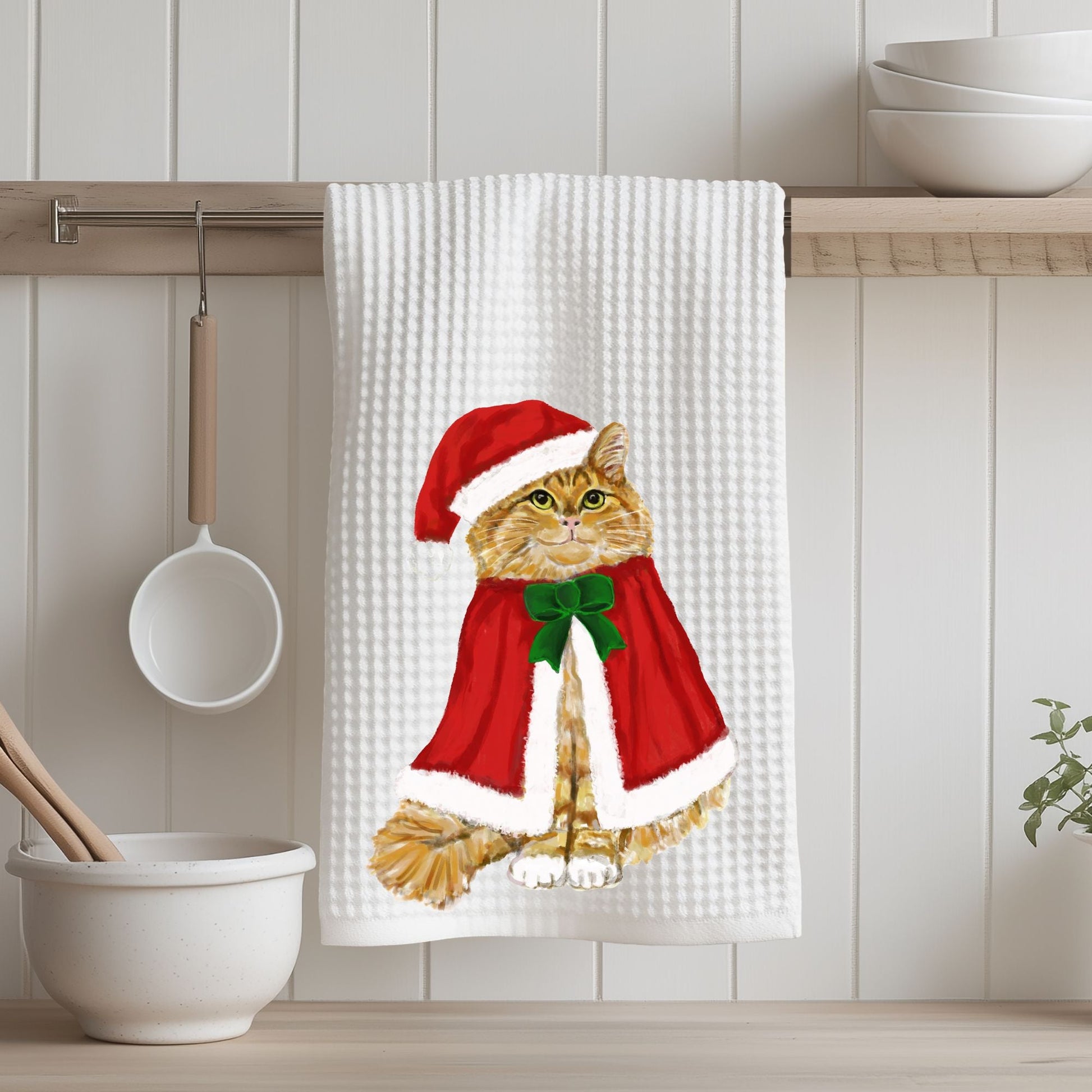 Christmas Ginger Cat Waffle Weave Kitchen Towel - MerikaArt