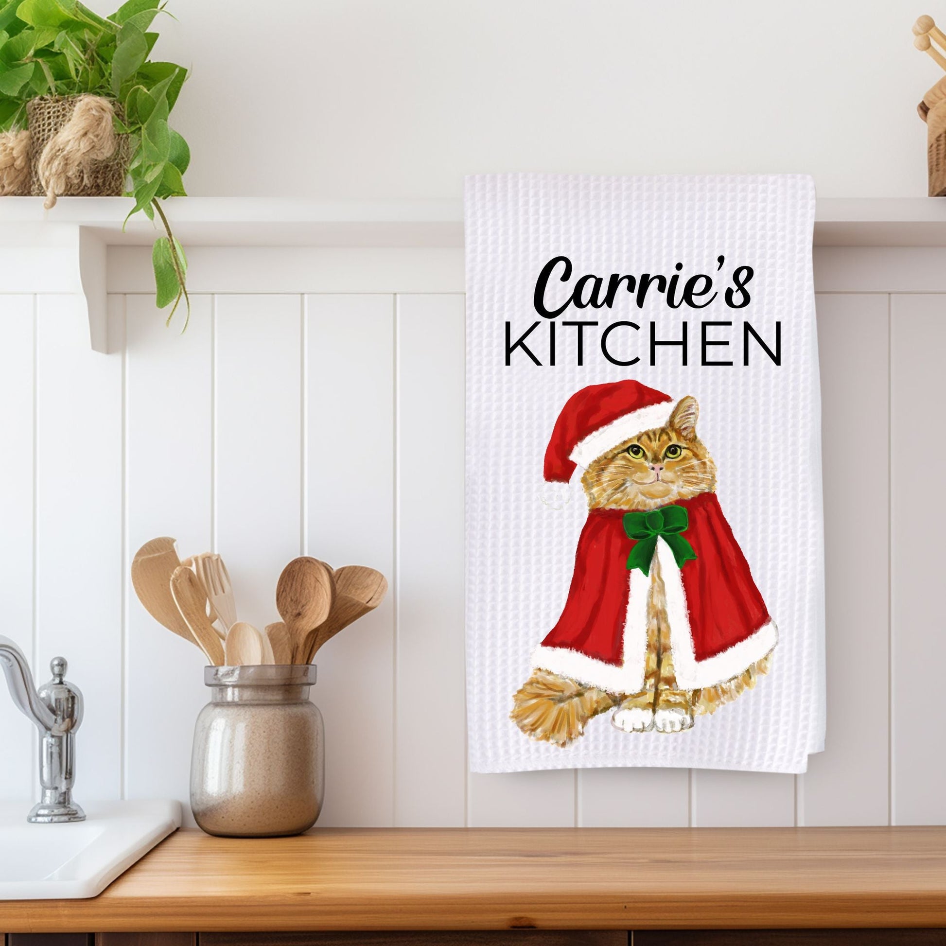 Christmas Ginger Cat Waffle Weave Kitchen Towel - MerikaArt