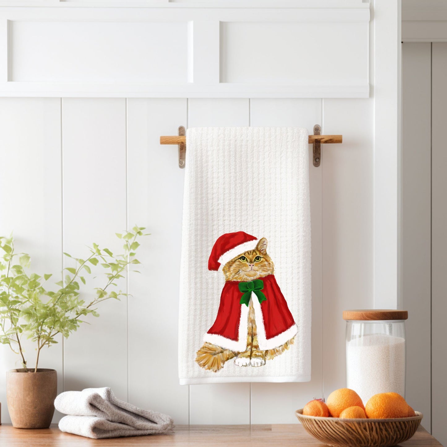 Christmas Ginger Cat Waffle Weave Kitchen Towel - MerikaArt