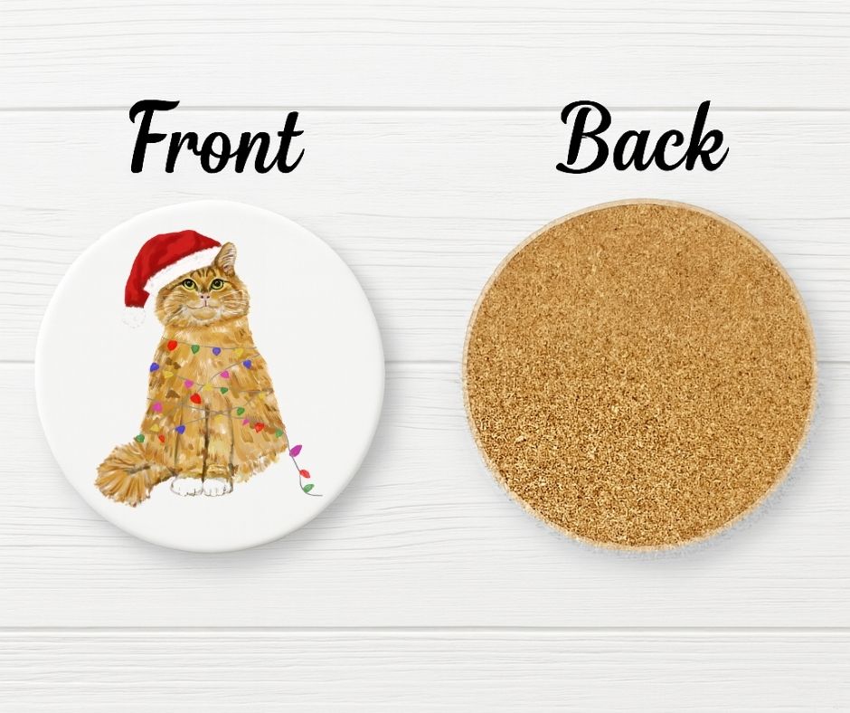 Christmas Ginger Cat with Santa Hat and Lights Ceramic Coaster - MerikaArt
