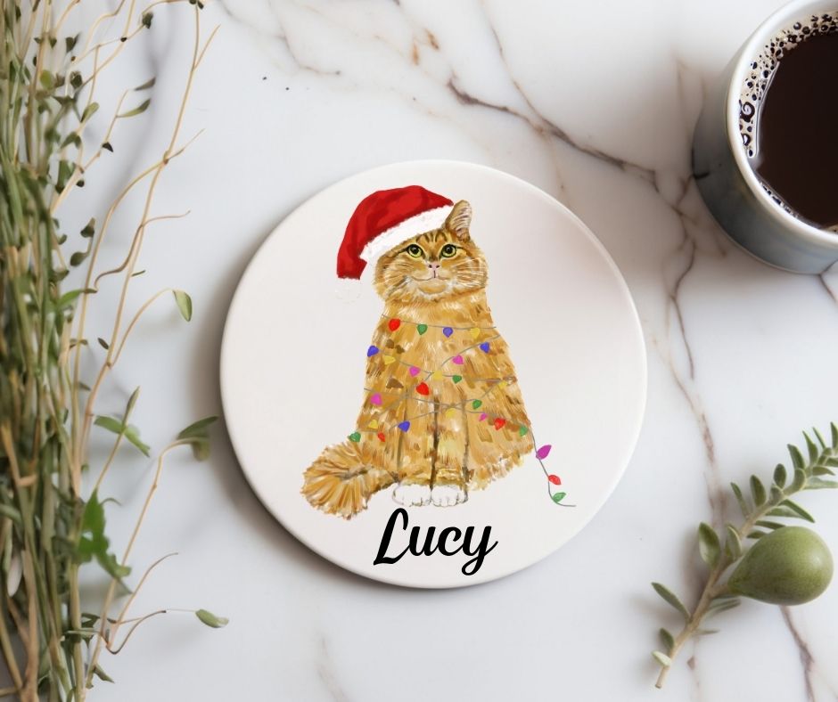 Christmas Ginger Cat with Santa Hat and Lights Ceramic Coaster - MerikaArt