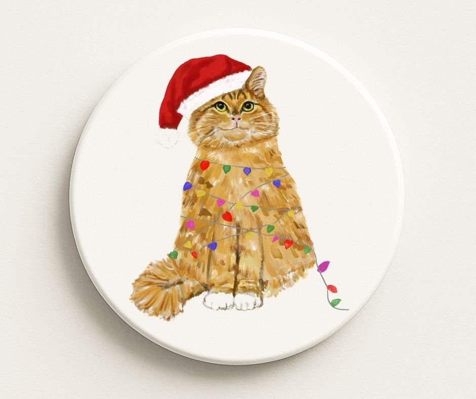 Christmas Ginger Cat with Santa Hat and Lights Ceramic Coaster - MerikaArt