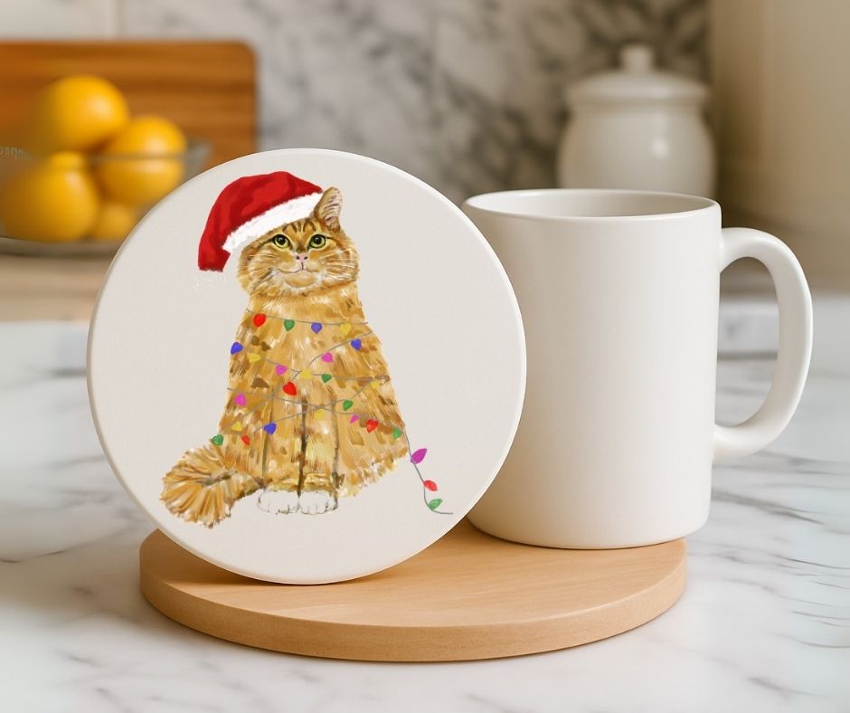 Christmas Ginger Cat with Santa Hat and Lights Ceramic Coaster - MerikaArt