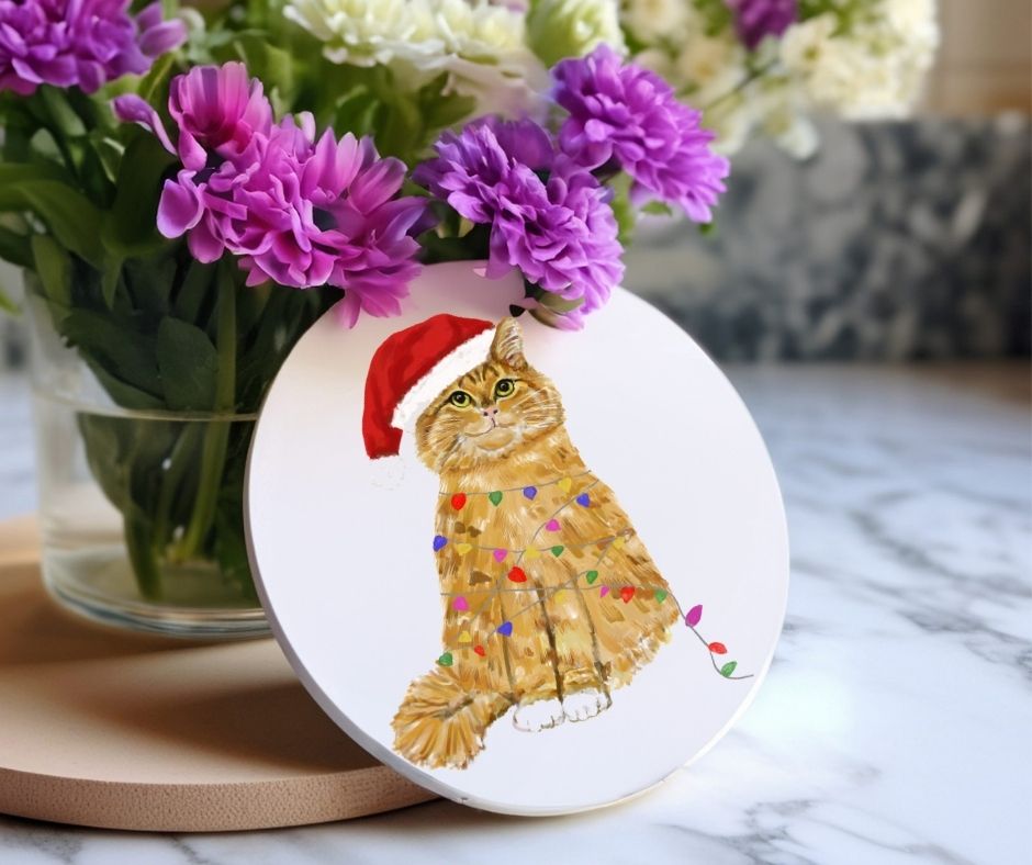 Christmas Ginger Cat with Santa Hat and Lights Ceramic Coaster - MerikaArt