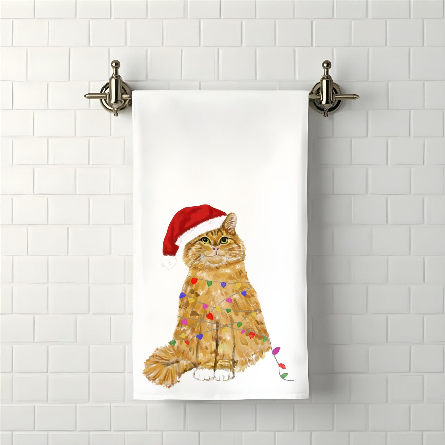 Christmas Ginger Tabby Cat Bathroom Towel - MerikaArt