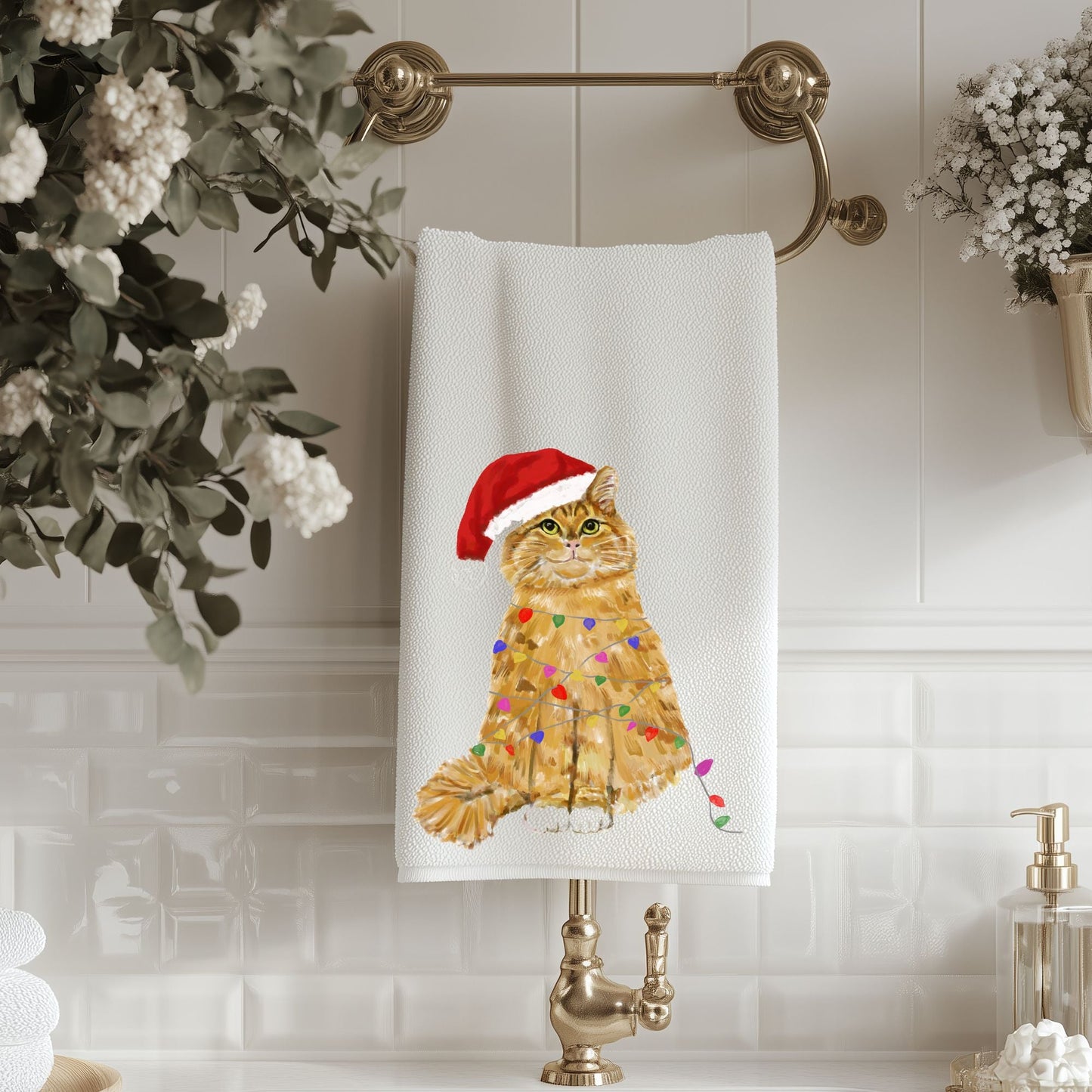 Christmas Ginger Tabby Cat Bathroom Towel - MerikaArt