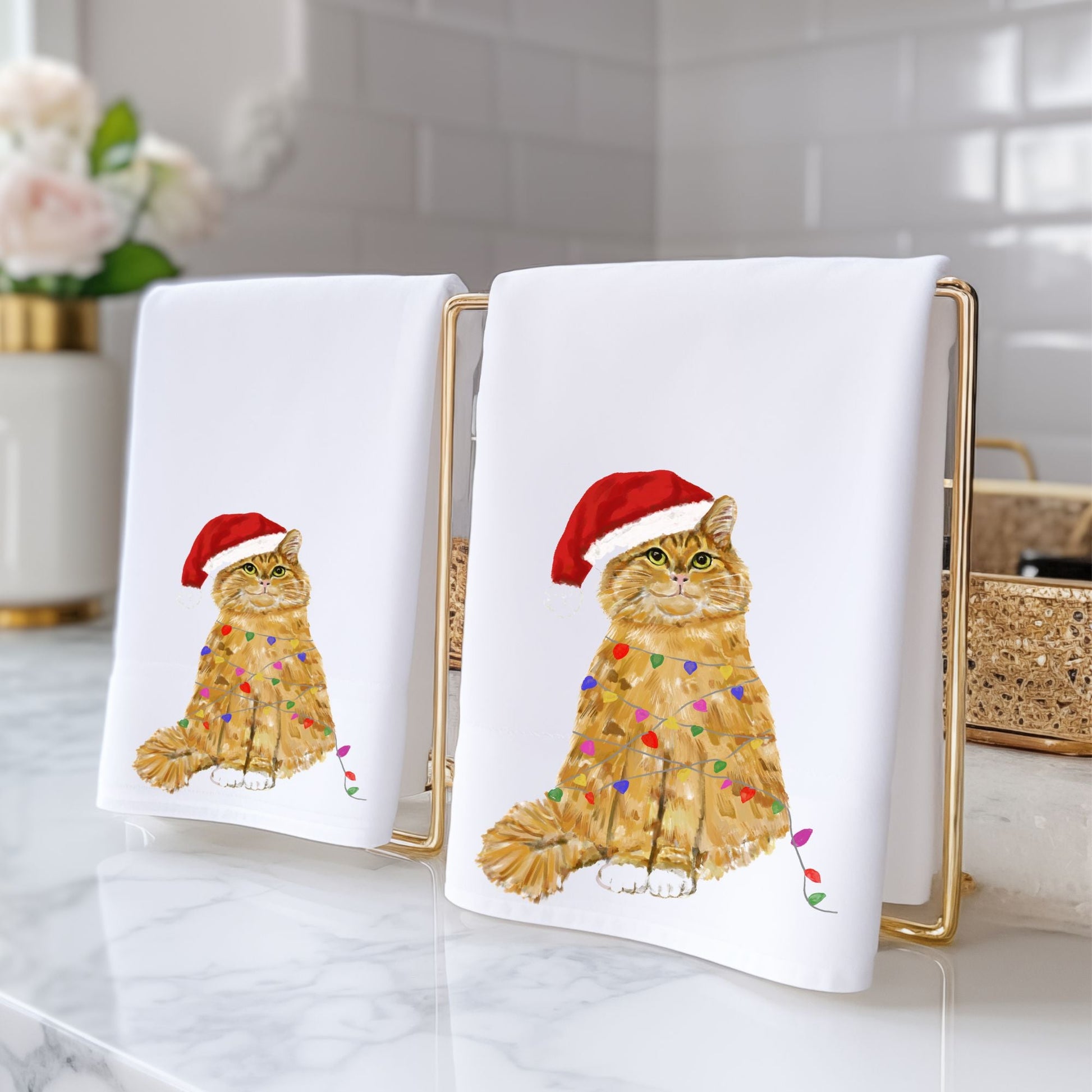 Christmas Ginger Tabby Cat Bathroom Towel - MerikaArt