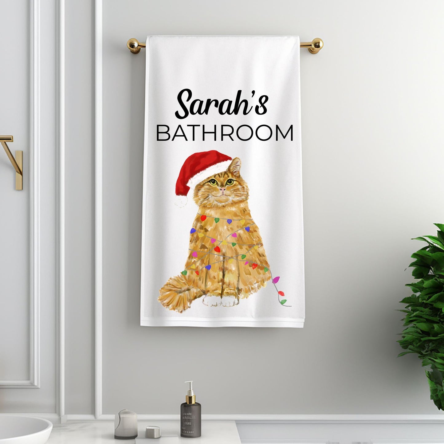 Christmas Ginger Tabby Cat Bathroom Towel - MerikaArt