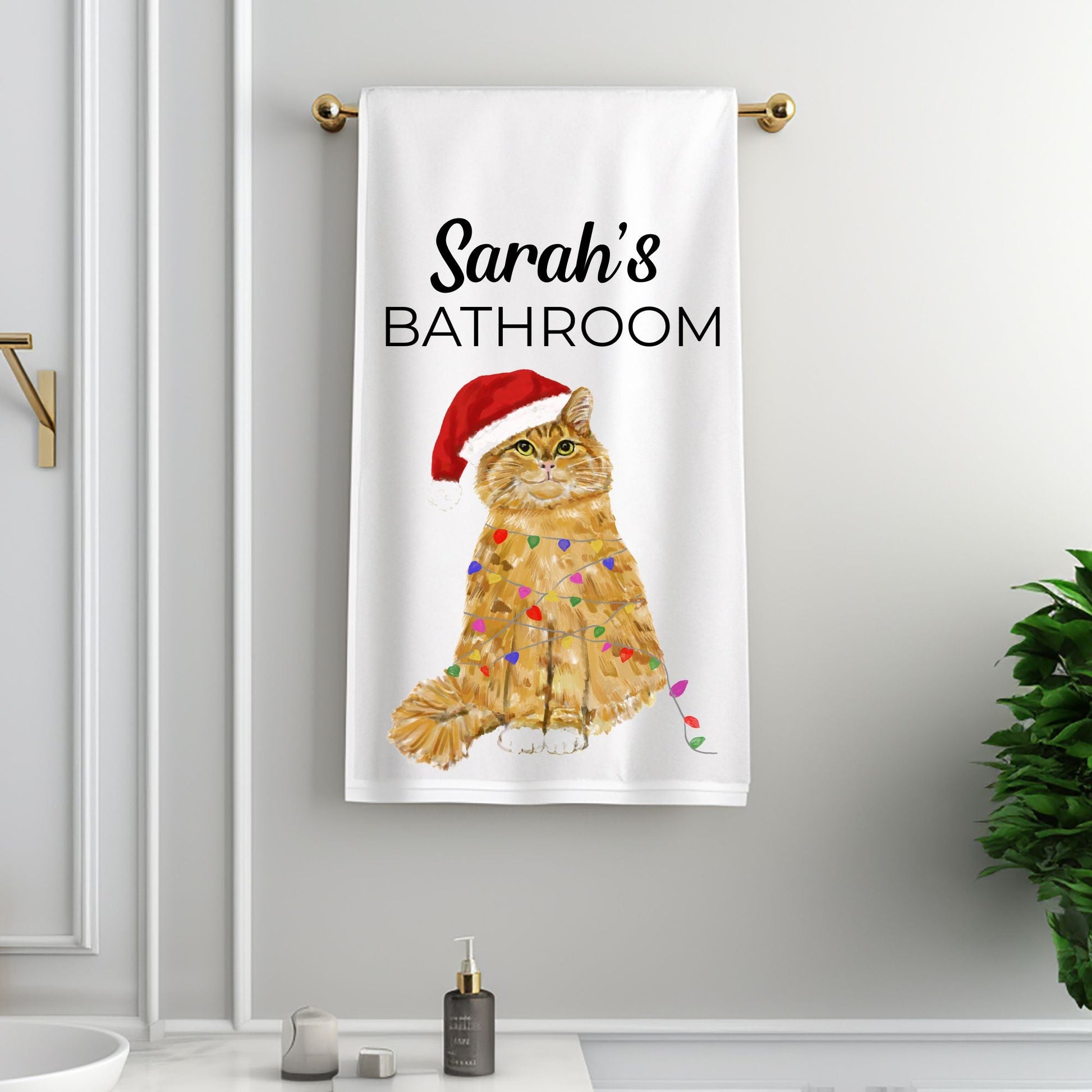 Christmas Ginger Tabby Cat Bathroom Towel - MerikaArt