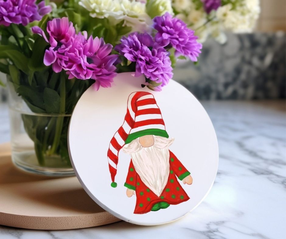Christmas Gnome in Red and Green Ceramic Coaster - MerikaArt