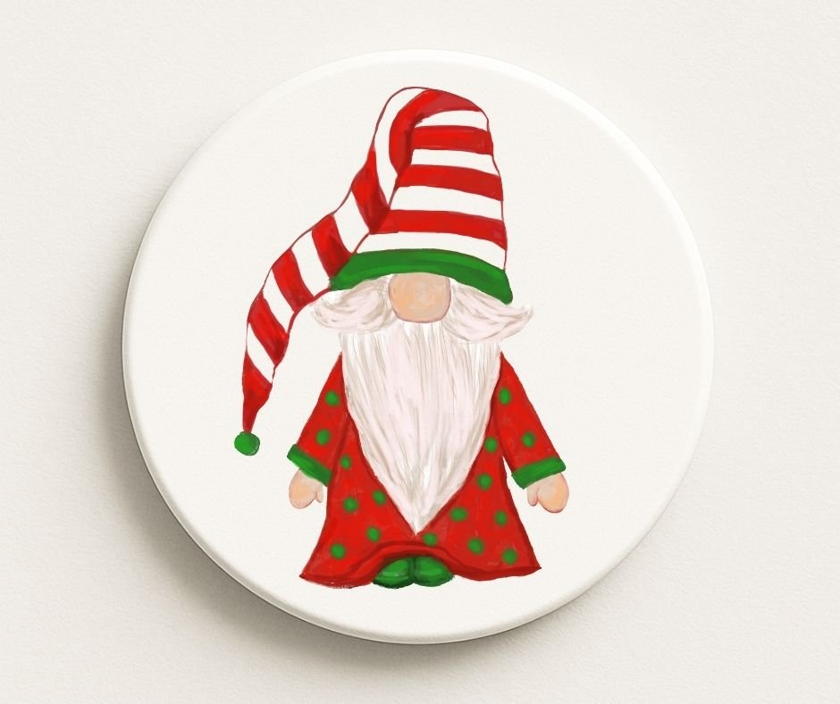 Christmas Gnome in Red and Green Ceramic Coaster - MerikaArt