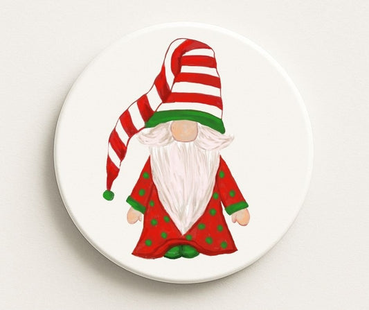 Christmas Gnome in Red and Green Ceramic Coaster - MerikaArt