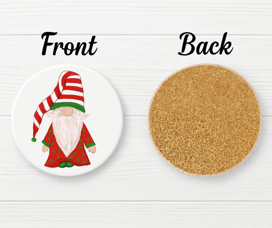 Christmas Gnome in Red and Green Ceramic Coaster - MerikaArt
