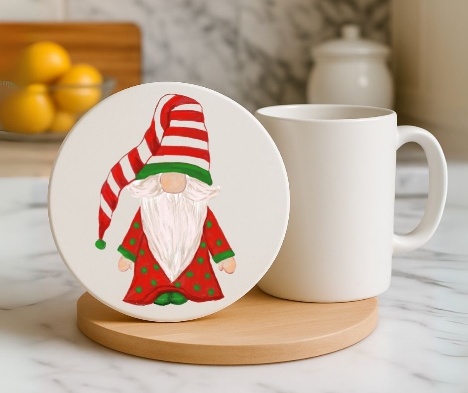 Christmas Gnome in Red and Green Ceramic Coaster - MerikaArt