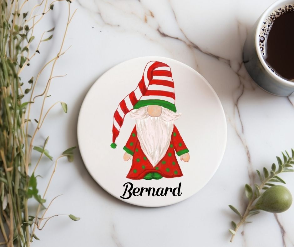 Christmas Gnome in Red and Green Ceramic Coaster - MerikaArt