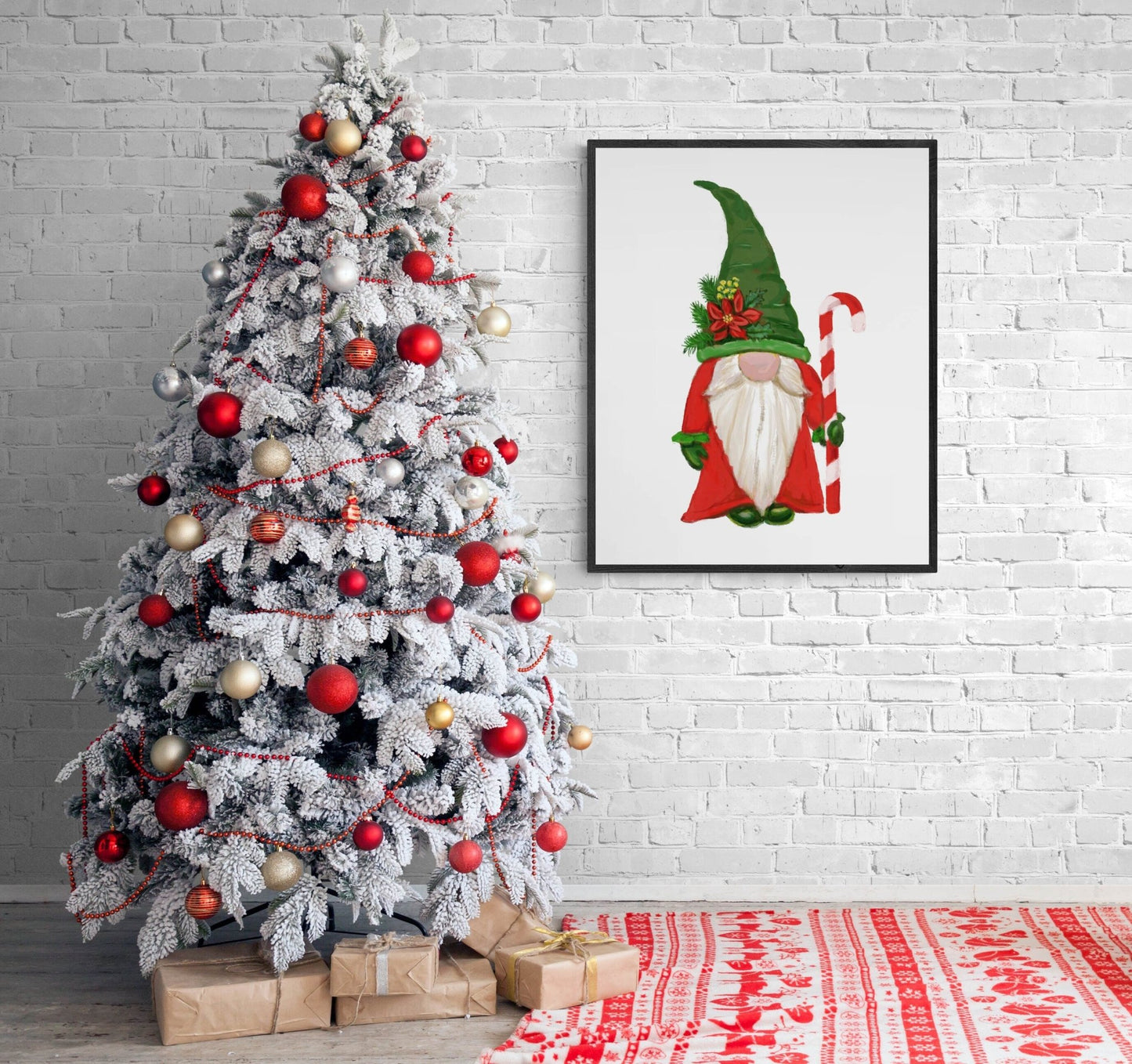 Christmas Gnome Print, Winter Christmas Art, Gnome Gift, New Years Art, Winter Home Decor, Xmas Gnome, Bird Portrait - MerikaArt