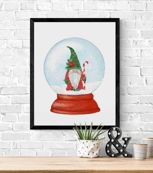 Christmas Gnome Snow Globe Print, Winter Christmas Art, Gnome Gift, New Years Art, Winter Home Decor, Xmas Snow Globe, Unique Wall Art - MerikaArt