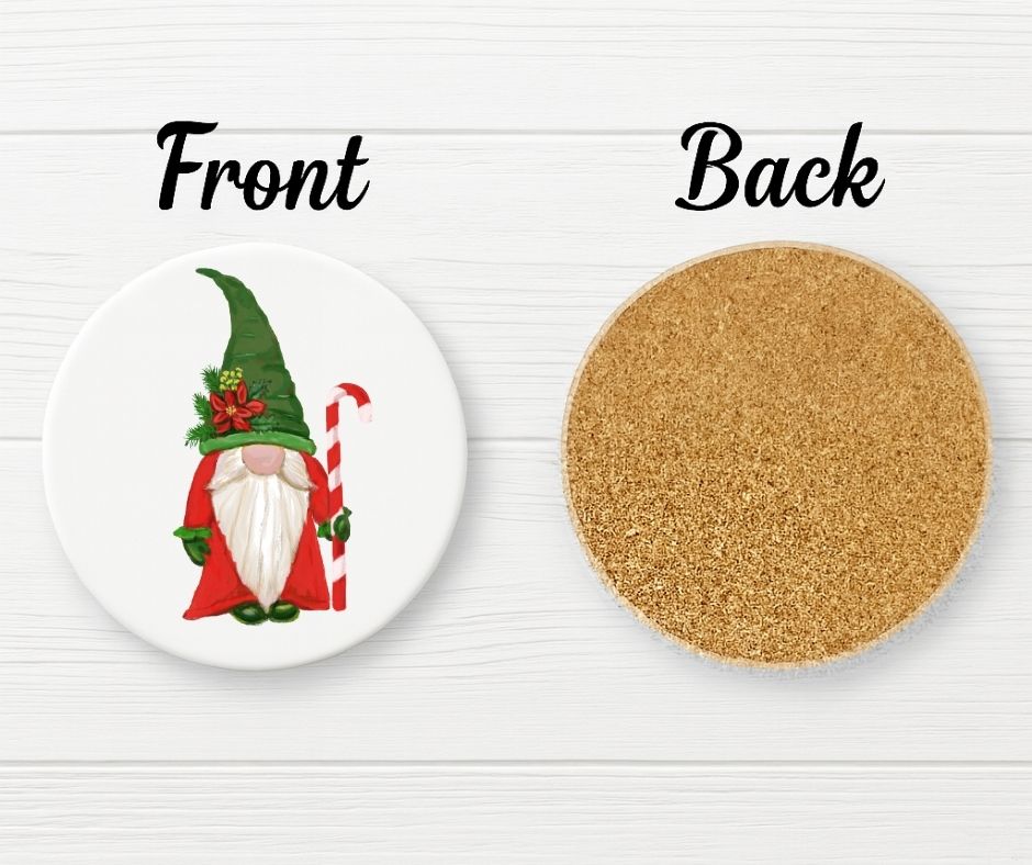 Christmas Gnome with Candy Cane Ceramic Coaster - MerikaArt