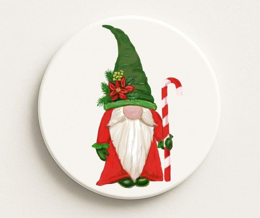 Christmas Gnome with Candy Cane Ceramic Coaster - MerikaArt