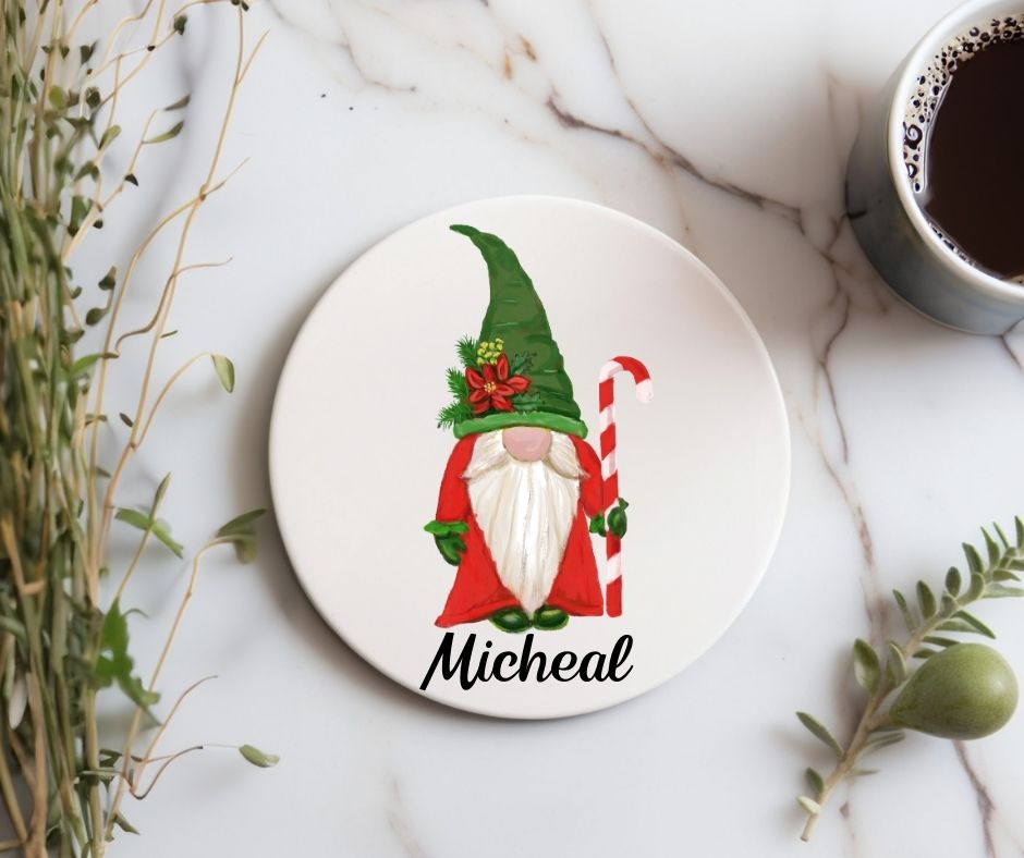 Christmas Gnome with Candy Cane Ceramic Coaster - MerikaArt
