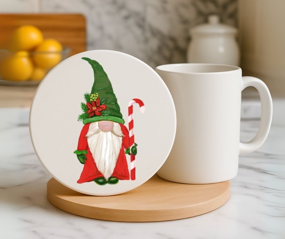 Christmas Gnome with Candy Cane Ceramic Coaster - MerikaArt